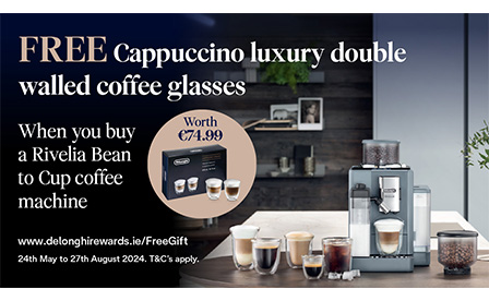Free Cappuccino luxury double walled coffee glasses worth €74.99 when you buy a Rivelia Bean to Cup coffee machine